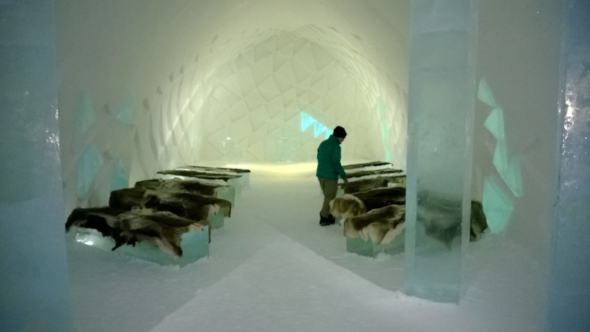 Ice Hotel Chapel -with reindeer skins covering the solid ice block pews