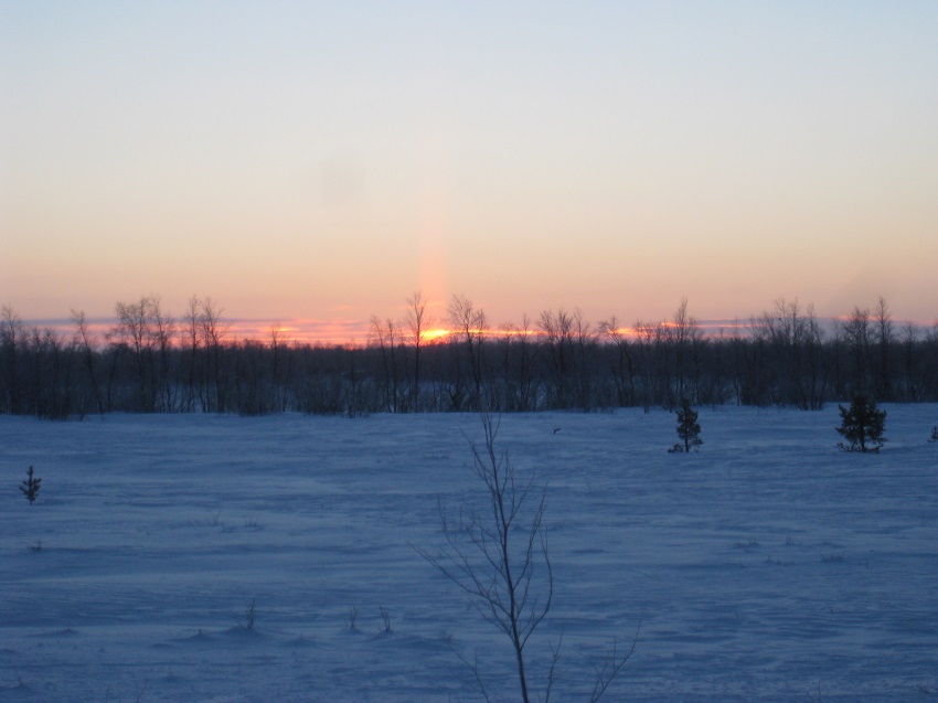 Hard to see in this photo, but there was a "Light Pillar" a beam of light extending vertically from the sun caused by ice crystals ib the air