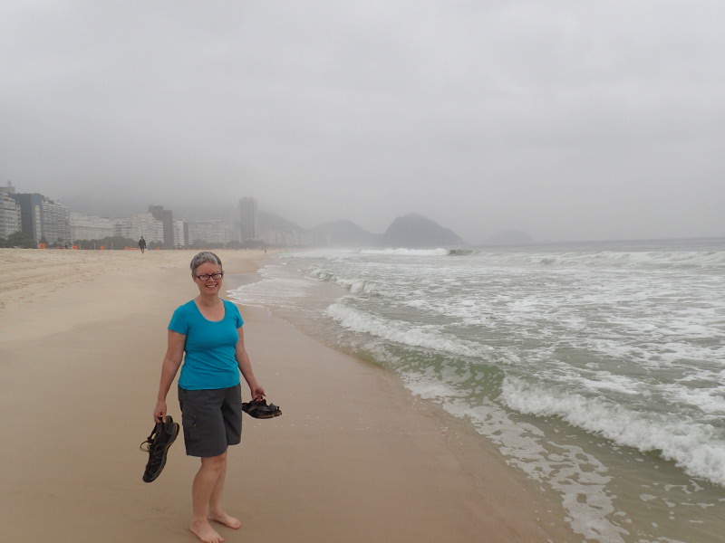 Getting our feet wet in the Atlantic Ocean at Copacabana Beach