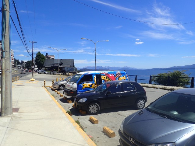 Parked next to the Restaurant in Bariloche sucking down their WiFi, with snow capped mountains in the background
