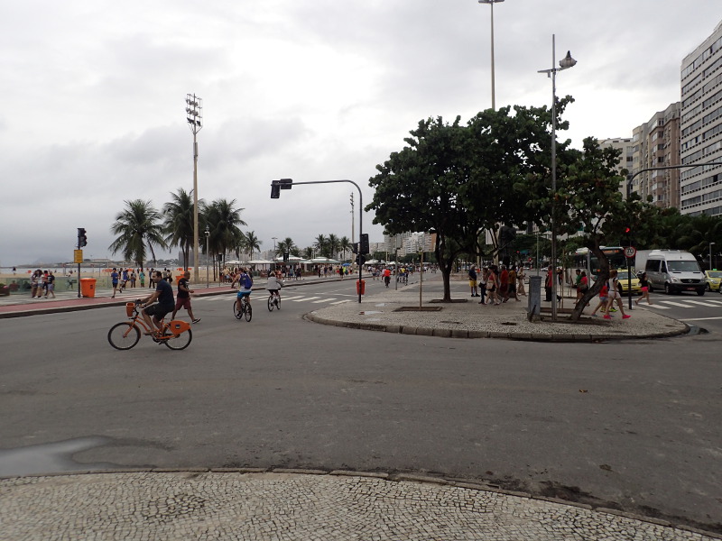 People strolling,riding,skateboarding,running along the promenade at Copacabana Beach
