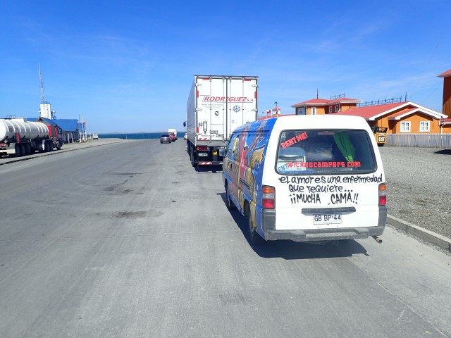 Queuing for the ferry to cross the Magellan straits to Tierra del Fuego