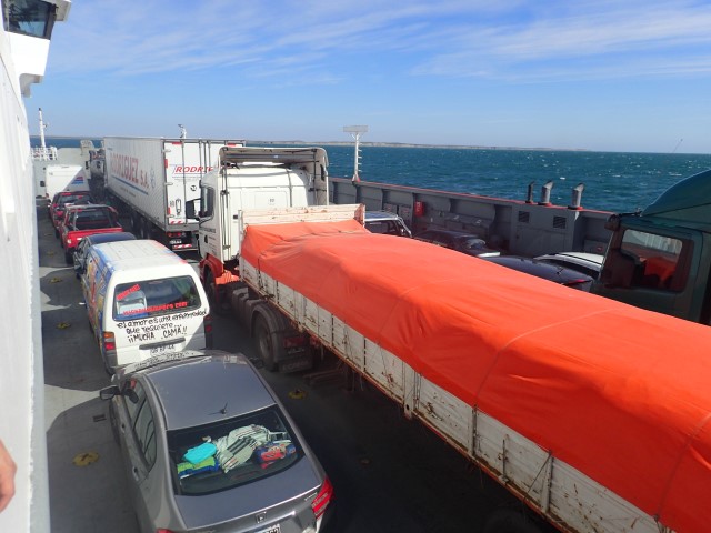 Squeezed between the trucks on the ferry crossing the Magellan Straits