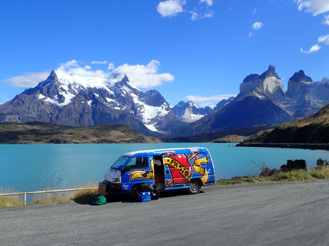 Parked in front of Torres del Paine on a sunny day