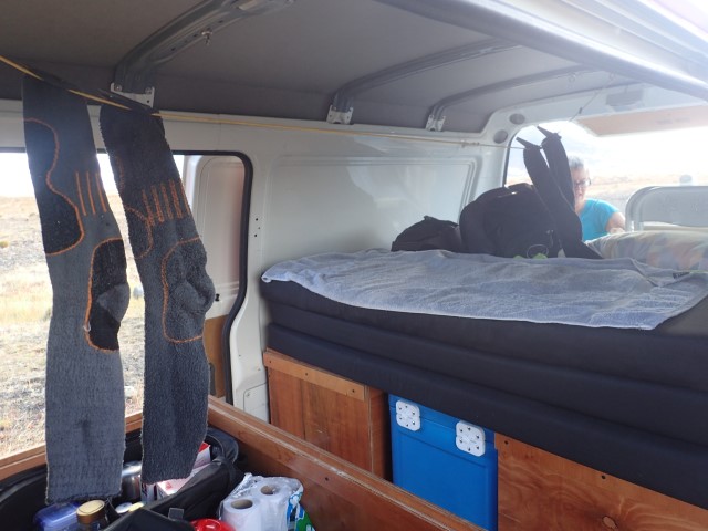 Drying the socks with a clothes line in the van