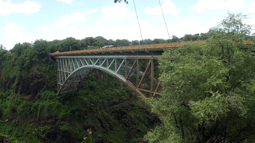 The bridge between  Zimbabwe and Zambia below Victoria Falls. Note the Zambian side is painted, while the Zimbabwe side is rusty and unpainted